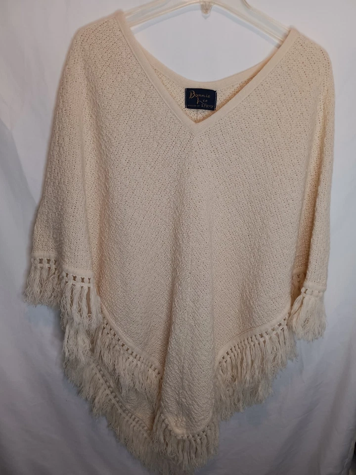 Poncho Bonnie Lee LeRoy Crema Años 70 80 Ligero Tejido Flecos Festival Talla Única 7 Foto 1 de 3