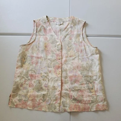 Vintage 90s Cottagecore Linen Vest Womens 8 Pastel Floral Button Front Pockets - Image 1 of 4