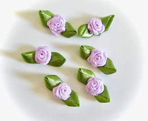 MINIATURE LILAC RIBBON ROSES WITH GREEN LEAVES -  1 INCH LONG - 6 PIECE PACKAGE - Picture 1 of 1