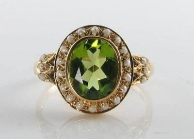  9CT 9K GOLD 9mm x 7mm PERIDOT & PEARL ART DECO INS CLUSTER RING FREE RESIZE - Image 1 of 4