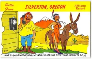 Indianerin gewagter Comic SILVERTON, OREGON Albiqua Resort 60er Vintage Postkarte - Bild 1 von 2