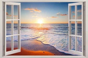 Beach Sunset 3D Window Decal Wall Sticker DIY Decor Art Mural Waves H620 - Picture 1 of 1