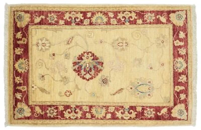 Afghan Chobi Ziegler Carpet 60x90 Hand Knotted Beige Floral Oriental Shorthair A - Image 1 of 4