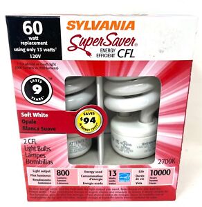 2 PACK Sylvania 60W using 13W CFL Super Saver Soft White Medium Base Light Bulbs