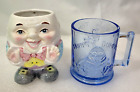 Tiara Blue Indiana Glass & Ceramic Nursery Rhyme Humpty Dumpty Cup/Mug Lot of 2