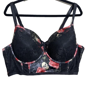 Torrid Skull and Roses XO Plunge Push-Up Bra Lace Longline Underwire Size 46D - Picture 1 of 5