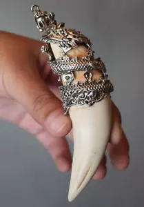Chinese Antique Boars Tooth Wild Hog protective talisman Silver Dragon Pendant - Picture 1 of 5