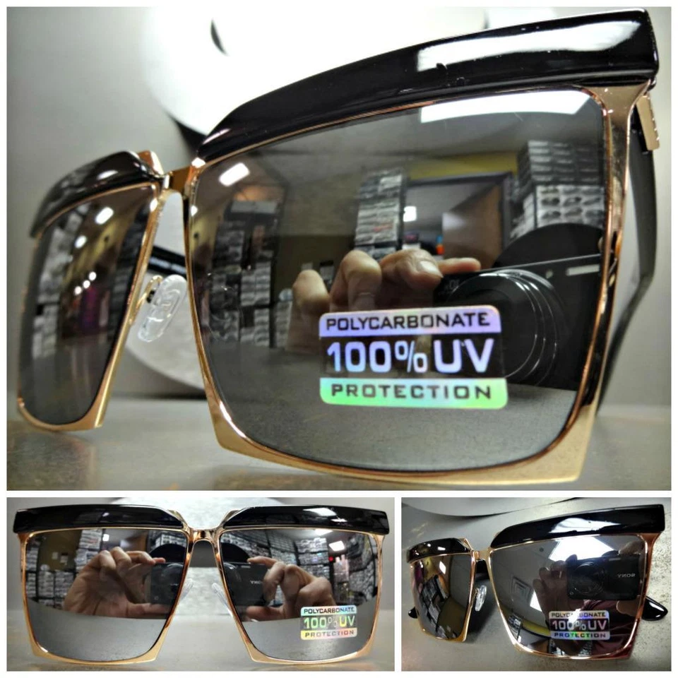 Oversized CLASSIC VINTAGE RETRO Style SUNGLASSES Large Square Black & Gold Frame - Image 1 of 1