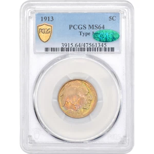 1913 5C Buffalo Nickel Type 1 PCGS MS64 CAC - Beautiful Original Rainbow Toning - Picture 1 of 5