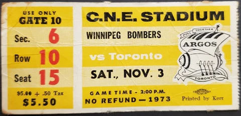 1973 CNE Stadium Winnipeg Bombers vs Toronto Argonauts CFL Football Ticket Cover