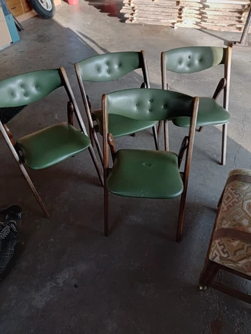 4 Vintage Mid Century Modern Willkie Wood Folding Chairs upholstered Cover