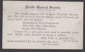 1910 PROGRAMA MUSICAL DE LA SOCIEDAD MUSICAL PACIFIC, SAN FRAN. CA - Imagen 1 de 1