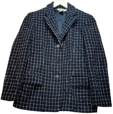 Женский шерстяной блейзер Ann Taylor на 3 пуговицах с длинным рукавом размер 6P синий белый клетчатый - Изображение 1 из 4