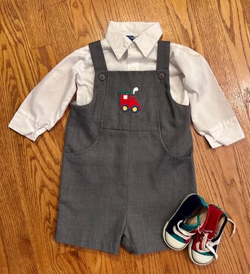 Florence Eiseman gray wool blend shortall, dressy, train applique, toddler - Image 1 of 4