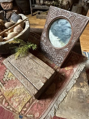Antique Primitive Hand Carved Mirror And Slide Box Early Cabin Goods  - Image 1 of 4