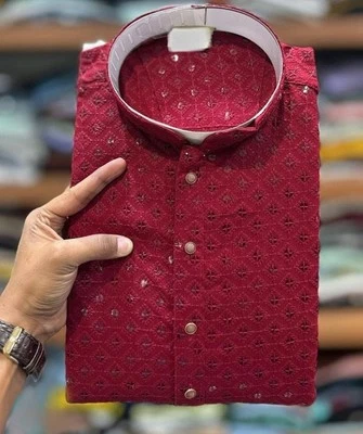 Men's Traditional Kurta Pajama, Mirror Work Button Down Shirt Pant, Kurta Pajama - Image 1 of 4