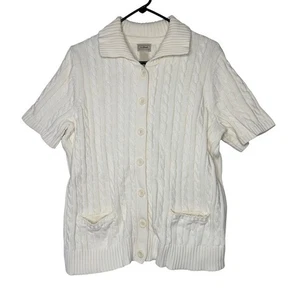 LL Bean Zopfmuster Kurzarm Cardigan Pullover Damen 1X Creme Knopfleiste - Bild 1 von 8