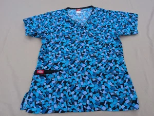 Dickies Women’s Scrub V-Neck Blue Rectangular Turquoise Print Size Large - Picture 1 of 7