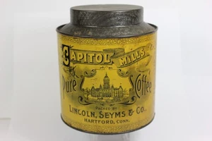 Antike CAPITOL MILLS Kaffeedose verpackt von Lincoln, Seyms & Co. Hartford, Conn. - Bild 1 von 7