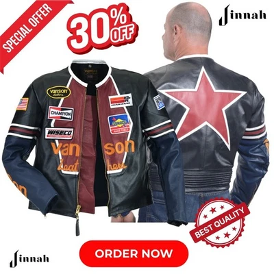 Vanson Leathers Men’s Black Motorcycle Biker Jacket – Genuine Leather Jacket - Image 1 of 4