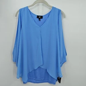 IZ Byer Top Blouse 3/4 Split Sheer Sleeve Blue V Neck Layered - Picture 1 of 11