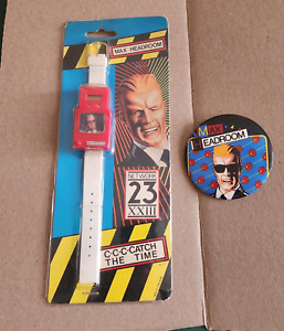 1986 Max Headroom Pop Up  Wrist Watch In Package and 3" Pinback Button Coca Cola
