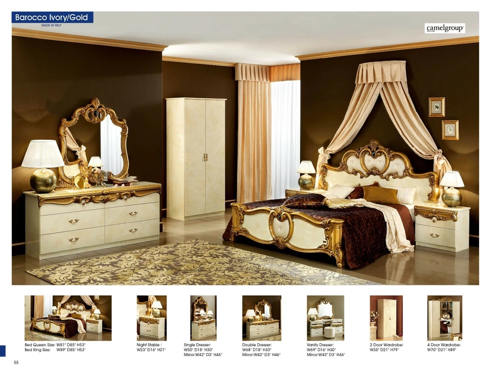 ESF Barocco 6 Piece Ivory & Gold Finish King Size Bedroom Set, Made in Italy - Image 1 of 1
