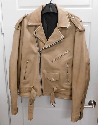 Chaqueta bomber de cuero beige de ley con cordones laterales talla 48 EUR Foto 1 de 4