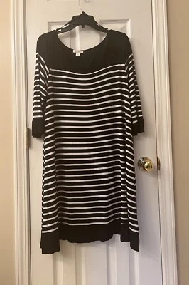 Exist 女式黑色白色条纹七分袖连衣裙大号 — 第 1/3 张图片