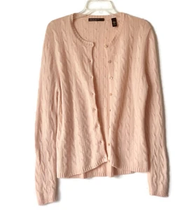 Lord & Taylor Cable Knit Double Ply Pink Cashmere Button Up Sweater Size Large - Picture 1 of 7