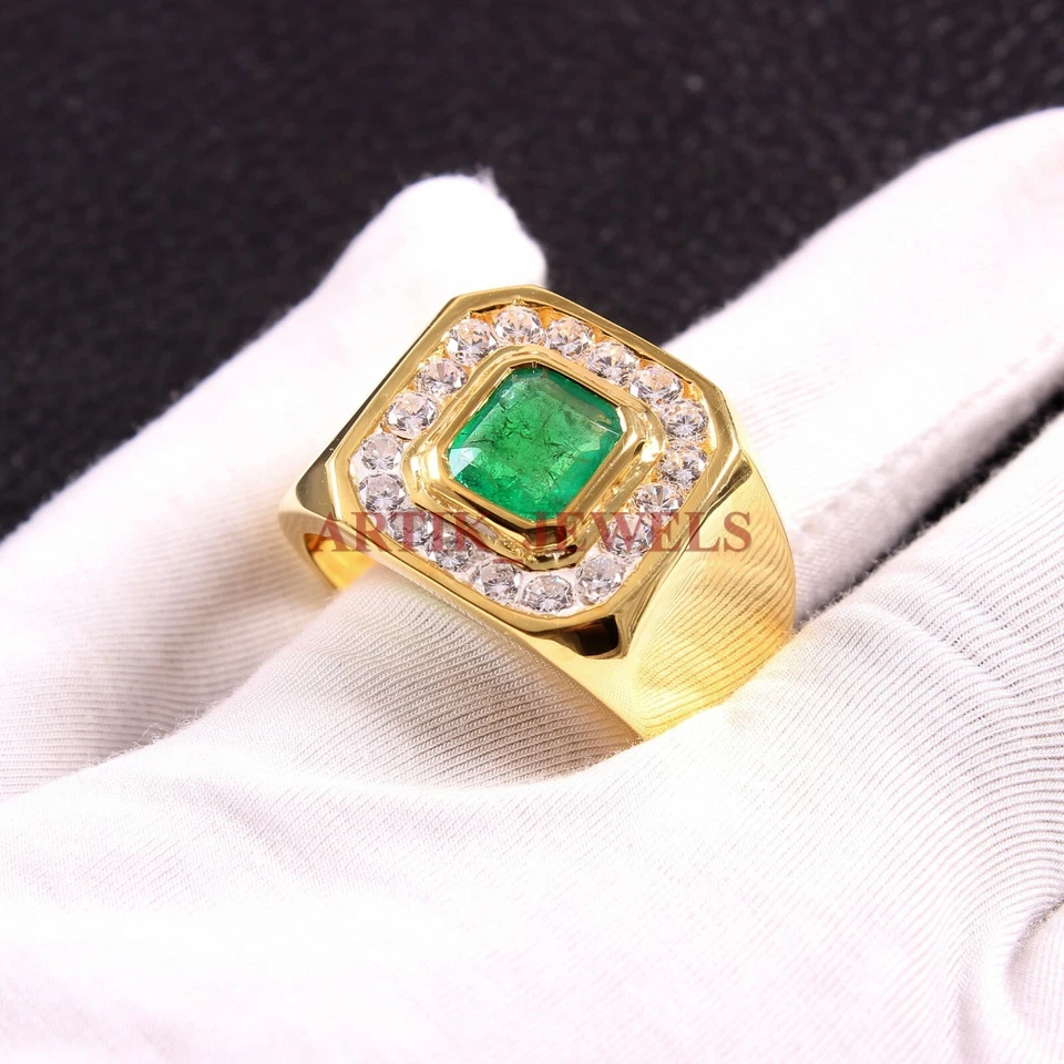Simulierter Smaragd Mit Vergoldetem 925 Sterlingsilberring Für Herren #34 - Bild 1 von 3