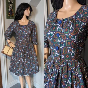 Vintage 1950s Gaynor Paisley Floral Swing Day Tea Shirt Dress 50s 60s 10 38 - Picture 1 of 8