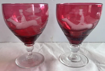 Cranberry Glass Ruby Etched Water Wine Rummer Goblets Fox Hunt Scene Set of 2  - Image 1 of 3
