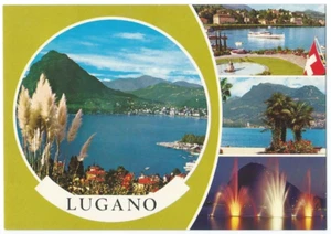 Lake Lugano Fountain at Night Switzerland Multiview Postcard Mountains Landscape - Picture 1 of 2