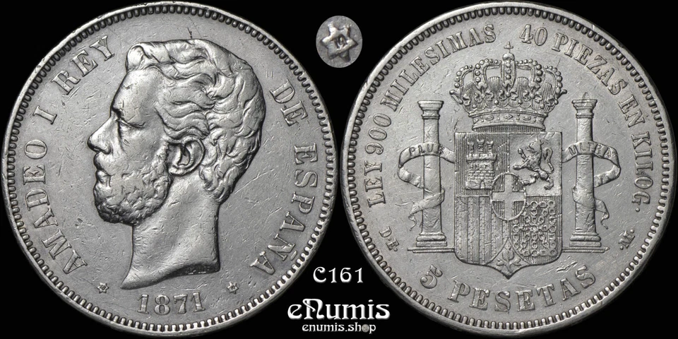 SPAIN, Amadeo I, 5 Pesetas 1871 (1874) DE-M, VF+/aXF - Image 1 of 4