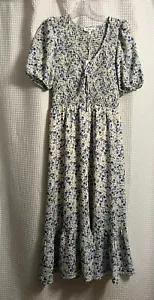Heartloom Womens Floral V-Neck Short Sleeve Maxi Dress Blue & Yellow NWT Size M - Picture 1 of 9