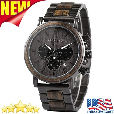 Men's Wooden Watches Business Casual Quartz Wood & Stainless Steel Wristwatches - Image 1 of 4