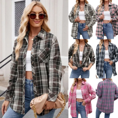 Ladies Plaid Checked Casual Button Shirts Coat Tops Long Sleeve Blouse PLUS SIZE - Image 1 of 4