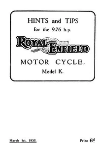 (0960) 1935 Royal Enfield 'K' 9.76hp instruction book - Picture 1 of 1