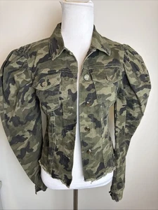 Trendy Blue Jean Green Camouflage Short Fringed Denim Jacket Puff Sleeve Small - Picture 1 of 6