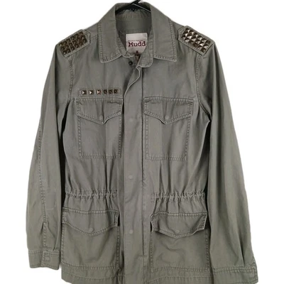 Chaqueta Militar Mudd Verde Caqui Para Mujer Cremallera a Presión Cordón Talla Mediana Tachuelas Foto 1 de 4
