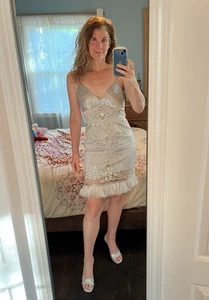 Sue Wong Nocturne 8 Silver Silky Sequin Gatsby Dress With Faux Fur Stole - Picture 1 of 9