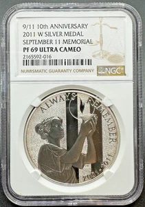 9/11 MEMORIAL 10TH ANNIVERSARY 2011-W SILVER MEDAL NGC PF69 ULTRA CAMEO 9BG25 - Picture 1 of 4