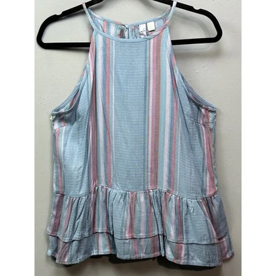 Francesca's Top Womens Small Alya Blue Striped Ruffle High Neck Sleeveless Tank - Image 1 of 4