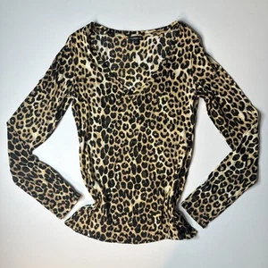 Express Y2k Leopard Print V Neck Long Sleeves Top Semi Sheer Size M Whimsigoth - Picture 1 of 8
