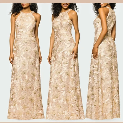NEW $279 Betsy Adam [ 12 ] Halter Sequin Floral Sleeveless Gown Champagne S2070 - Image 1 of 4