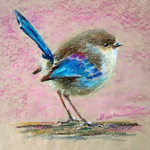 Bird Pastel Painting ORIGINAL Animal Art Fairywren Oil Pastel Drawing by Muura - Picture 1 of 10