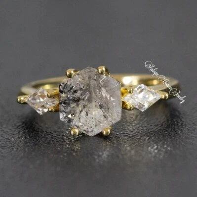 Anillo de compromiso de cuarzo rutilado negro de oro de 14k anillo de corte hexagonal Art Deco para mujer Foto 1 de 3