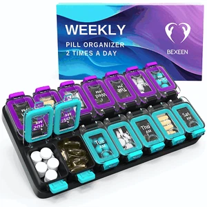 Weekly Pill Organizer 2 Times A Day Airtight Pill Box 7 Day Am Pm Vitamin Case - Picture 1 of 8