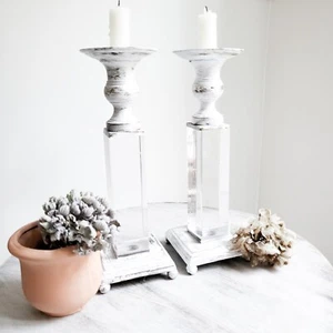 White Art Deco Lucite brocante shabby french country taper candle holders 10" - Picture 1 of 6